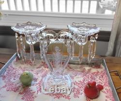 Pair Glass Lyre Harp 2 Light Candelabra Bobeche Crystal 32 Prisms Candle Holders