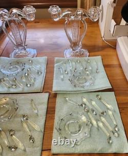 Pair Glass Lyre Harp 2 Light Candelabra Bobeche Crystal 32 Prisms Candle Holders