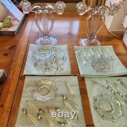 Pair Glass Lyre Harp 2 Light Candelabra Bobeche Crystal 32 Prisms Candle Holders