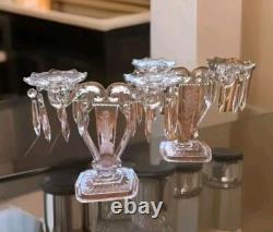 Pair Glass Lyre Harp 2 Light Candelabra Bobeche Crystal 32 Prisms Candle Holders
