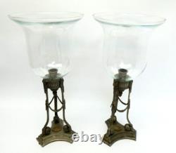 Pair Glass Shades Cast Metal 3 Legged Silver Color Candle Holders Neoclassical