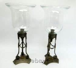 Pair Glass Shades Cast Metal 3 Legged Silver Color Candle Holders Neoclassical