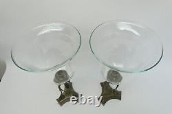 Pair Glass Shades Cast Metal 3 Legged Silver Color Candle Holders Neoclassical