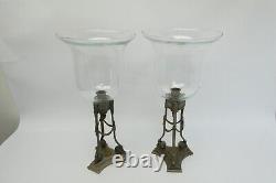 Pair Glass Shades Cast Metal 3 Legged Silver Color Candle Holders Neoclassical
