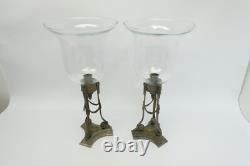 Pair Glass Shades Cast Metal 3 Legged Silver Color Candle Holders Neoclassical