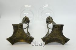 Pair Glass Shades Cast Metal 3 Legged Silver Color Candle Holders Neoclassical