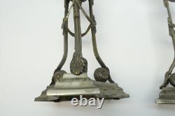 Pair Glass Shades Cast Metal 3 Legged Silver Color Candle Holders Neoclassical