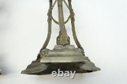 Pair Glass Shades Cast Metal 3 Legged Silver Color Candle Holders Neoclassical