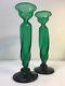 Pair Green Candle Holders/vases Hand Signed Wayne Husted. Blenko Etch Mark. Mcm