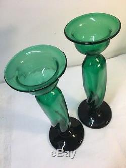 Pair Green Candle Holders/Vases Hand Signed Wayne Husted. Blenko Etch mark. MCM