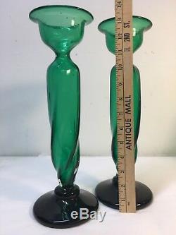 Pair Green Candle Holders/Vases Hand Signed Wayne Husted. Blenko Etch mark. MCM
