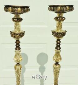 Pair Large 55 Vintage Gold Leaf Church Altar Floor Pillar Candle Stick Holders