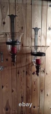 Pair Large Brass, Glass Globe Pillar Candle Holders 30'' Tall Wall Mount Type