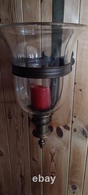 Pair Large Brass, Glass Globe Pillar Candle Holders 30'' Tall Wall Mount Type