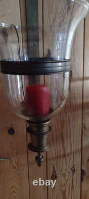 Pair Large Brass, Glass Globe Pillar Candle Holders 30'' Tall Wall Mount Type