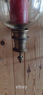 Pair Large Brass, Glass Globe Pillar Candle Holders 30'' Tall Wall Mount Type