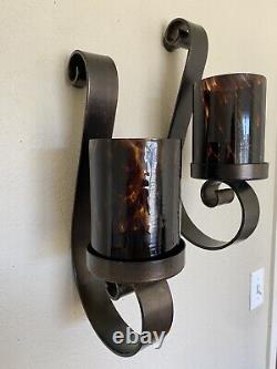 Pair Large Rustic Iron Sconce Wall Mounted Thick Scroll Candle Holder