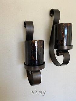 Pair Large Rustic Iron Sconce Wall Mounted Thick Scroll Candle Holder