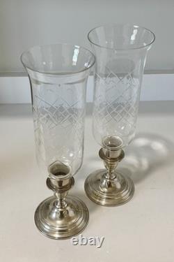 Pair Lord Saybrook International Sterling & Glass Hurricane Candle Holders, N211