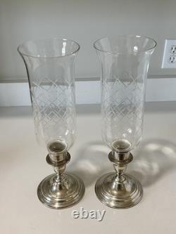 Pair Lord Saybrook International Sterling & Glass Hurricane Candle Holders, N211