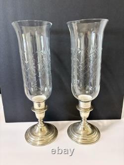 Pair Lord Saybrook International Sterling & Glass Hurricane Candle Holders, N211