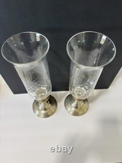 Pair Lord Saybrook International Sterling & Glass Hurricane Candle Holders, N211