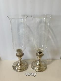 Pair Lord Saybrook International Sterling & Glass Hurricane Candle Holders, N211