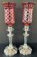 Pair Mantel Lamp Hurricane Lusters Cranberry Cut To Clear Globes Candle Holders