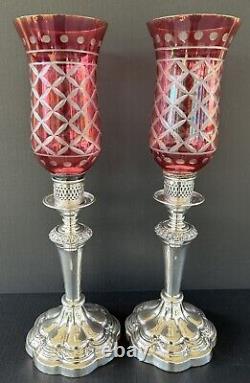 Pair Mantel Lamp Hurricane Lusters Cranberry Cut To Clear Globes Candle Holders