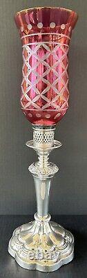 Pair Mantel Lamp Hurricane Lusters Cranberry Cut To Clear Globes Candle Holders