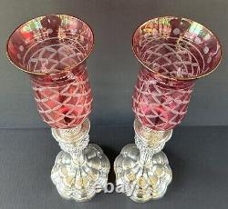 Pair Mantel Lamp Hurricane Lusters Cranberry Cut To Clear Globes Candle Holders