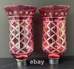 Pair Mantel Lamp Hurricane Lusters Cranberry Cut To Clear Globes Candle Holders