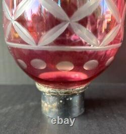 Pair Mantel Lamp Hurricane Lusters Cranberry Cut To Clear Globes Candle Holders