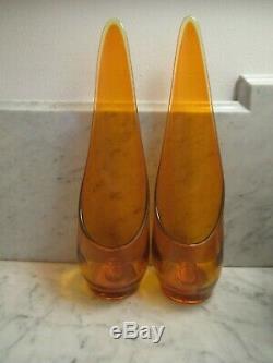 Pair Mid Century Taperglow Stretch Viking Orange withYellow Glass Candle Holders