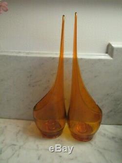 Pair Mid Century Taperglow Stretch Viking Orange withYellow Glass Candle Holders