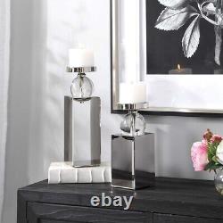 Pair Modern Lucian Polished Nickel & Crystal Pillar Candle Holders Uttermost