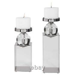 Pair Modern Lucian Polished Nickel & Crystal Pillar Candle Holders Uttermost