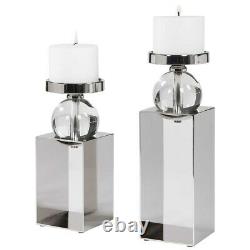 Pair Modern Lucian Polished Nickel & Crystal Pillar Candle Holders Uttermost