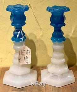 Pair Mt. Washington Glass Blue & Clambroth Candlesticks, Petal + Hexagonal Base