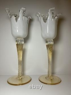 Pair Murano Art Glass Candle Holders Italy Ruffled Rim Gold Twist Stem Vintage