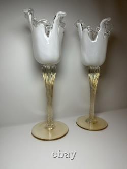 Pair Murano Art Glass Candle Holders Italy Ruffled Rim Gold Twist Stem Vintage