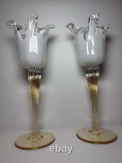 Pair Murano Art Glass Candle Holders Italy Ruffled Rim Gold Twist Stem Vintage