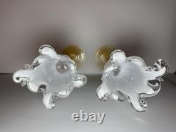 Pair Murano Art Glass Candle Holders Italy Ruffled Rim Gold Twist Stem Vintage