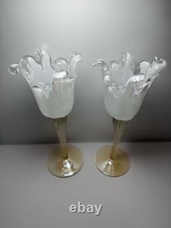 Pair Murano Art Glass Candle Holders Italy Ruffled Rim Gold Twist Stem Vintage
