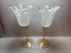 Pair Murano Art Glass Candle Holders Italy Ruffled Rim Gold Twist Stem Vintage