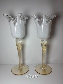 Pair Murano Art Glass Candle Holders Italy Ruffled Rim Gold Twist Stem Vintage