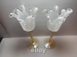 Pair Murano Art Glass Candle Holders Italy Ruffled Rim Gold Twist Stem Vintage