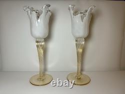 Pair Murano Art Glass Candle Holders Italy Ruffled Rim Gold Twist Stem Vintage