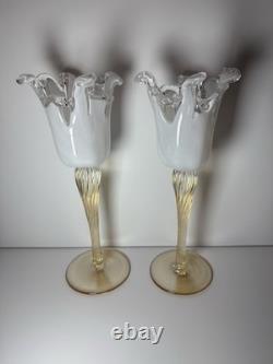 Pair Murano Art Glass Candle Holders Italy Ruffled Rim Gold Twist Stem Vintage
