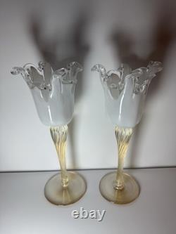 Pair Murano Art Glass Candle Holders Italy Ruffled Rim Gold Twist Stem Vintage
